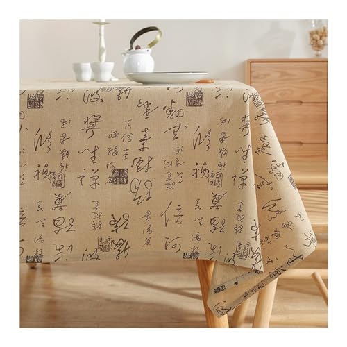Lieson Rechteckige Tischdecke 90x90 cm, Baumwolle Leinen Tischwäsche Abwaschbar Chinesisches Kalligraphie Muster Tischtuch für Küche Esstisch Dekoration, Khaki von Lieson