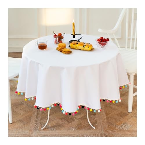 Lieson Runde Tischdecken 150 cm, Baumwolle Leinen Tischwäsche Abwaschbar Einfarbig mit Bunt Samt Kugel Fransen Tischdecke für Home Küche Speisetisch Dekoration, Weiß Lieson Runde Tischdecken 150 cm, Baumwolle Leinen Tischwäsche Abwaschbar Einfarbig mit Bunt Samt Kugel Fransen Tischdecke für Home Küche Speisetisch Dekoration, Weiß von Lieson