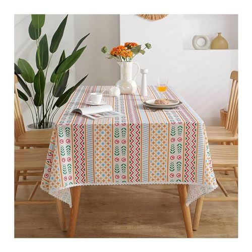 Lieson Tischdecke Rechteckig 140x180 cm, Polyester Tischwäsche Abwaschbar Geometrisch Gestreift Muster mit Spitze Rand Tafeldecke für Outdoor Party Küche, Bunt von Lieson