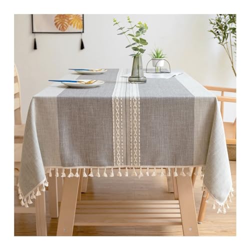 Lieson Tischtuch Rechteckig 100x160 cm, Baumwolle Leinen Tischdecke Abwaschbar Symmetrische Streifen mit Fransen Tischwäsche für Geburtstag Party Hochzeit, Grau von Lieson