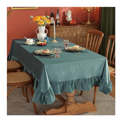 Lieson Tischtuch Rechteckig 140x180 cm, Samt Tischdecke Abwaschbar Einfarbig mit Breite Rand Tafeldecke für Wohnzimmer, Esszimmer, Balkon, Garten, Blau Grün von Lieson