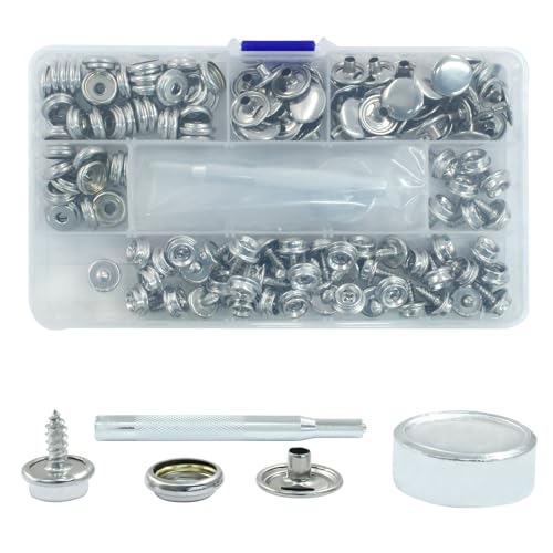 LifCratms 150 Stück Segeltuch-Schnapp-Set, Edelstahl, Marinequalität, 0,95 cm Stecknuss, Metall-Druckknöpfe mit 2 Setzwerkzeugen für Leder-Bootsabdeckung, Möbel (Silber) von LifCratms