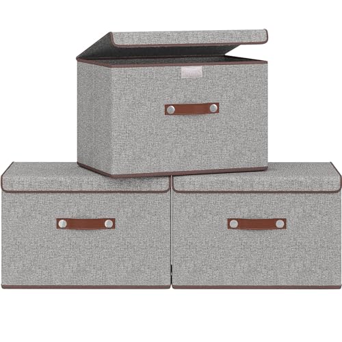 Lifenite 3er-Set stoffboxen mit deckel, zusammenklappbare Aufbewahrungsbox aus Leinen mit PU-Griffen, Aufbewahrung für Kleidung, Spielzeug, Bücher, Decken, Büro, Schrank, Schlafzimmer, Grau von Lifenite