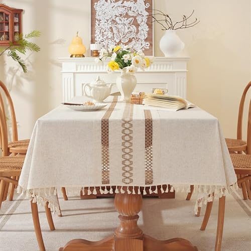 Lifetooler Tischdecke Abwaschbar Baumwolle Leinen Tischdecken Rechteckig Wasserdicht mit Quasten Tischtuch Modern für Küche Outdoor Tischdekoration(Beige,140x260cm) von Lifetooler