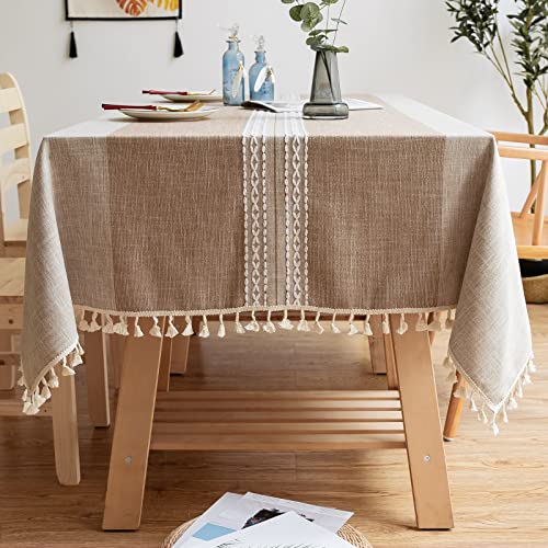 Lifetooler Tischdecke Abwaschbar Leinen Baumwolle Rechteckig Tischtuch Gestreift Design mit Quasten Tischdecke Wasserdicht für Outdoor Garten und Home Küche Dekoration (Braun,140x180cm) von Lifetooler
