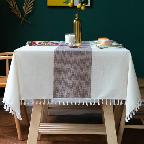 Lifetooler Tischdecke Abwaschbar Leinen Baumwolle Quadratisch Tischtuch Gestreift Design mit Quasten Tischdecke Wasserdicht für Outdoor Garten und Home Küche Dekoration (Weiß,140x140cm) von Lifetooler