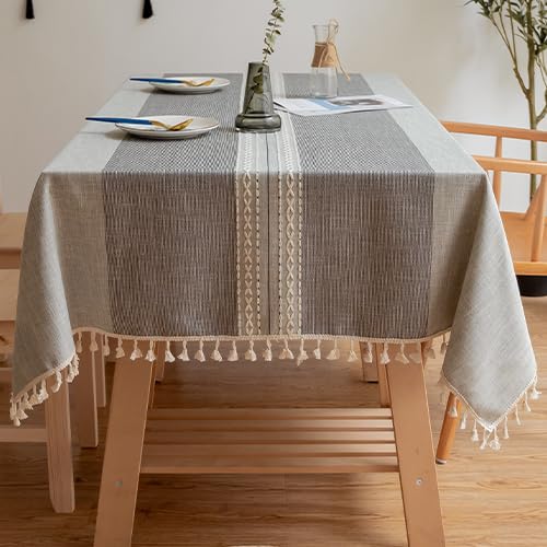 Lifetooler Tischdecke Abwaschbar Leinen Baumwolle Rechteckig Tischtuch Gestreift Design mit Quasten Tischdecke Wasserdicht für Outdoor Garten und Home Küche Dekoration (Grau,140x180cm) von Lifetooler
