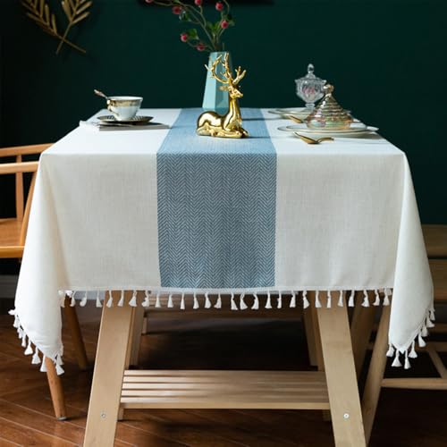 Lifetooler Tischdecke Abwaschbar Leinen Baumwolle Rechteckig Tischtuch Gestreift Design mit Quasten Tischdecke Wasserdicht für Outdoor Garten und Home Küche Dekoration (Weiß,140x220cm) von Lifetooler