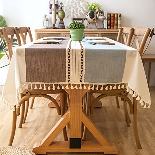 Lifetooler Tischdecke Abwaschbar Baumwolle Leinen Tischtuch Quaste Design Tischdecke staubdicht Rechteckige Tischabdeckung für Home Küche Dekoration(Blau-Kaffee Streifen, 140x220cm) von Lifetooler
