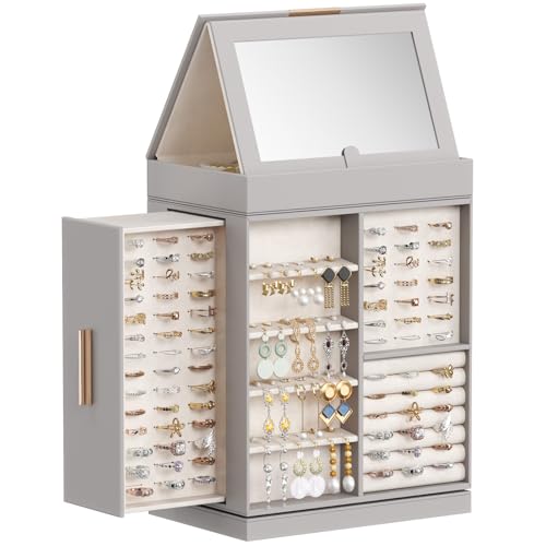 Lifewit Schmuckaufbewahrung 360° Drehbar, Schmuckschatulle Schmuckkasten Damen, Verstellbarer Spiegel mit Magnetisches Design, für Ring Halskette Ohrring, Grau von Lifewit