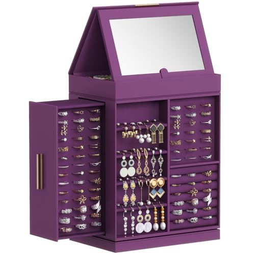 Lifewit Schmuckaufbewahrung 360° Drehbar, Schmuckschatulle Schmuckkasten Damen, Verstellbarer Spiegel mit Magnetisches Design, für Ring Halskette Ohrring, Lila von Lifewit