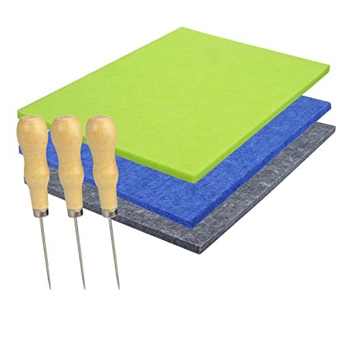 Lifuncren 3 Stücke Prickelnadel Set Kinder, Hochwertiges Prikelnadeln Set Kinder, 3 Prikelnadeln+3 Prickelfilz, 30x20 cm Nadelfilz-Pad für Kinder, Prickelset für Geschenk Schulanfang(3 Farbe-Groß) von Lifuncren