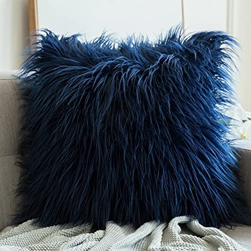 Lifup 2er Set Zierkissenbezüge Faux Lammfell Schaffell Nachahmung Wolle Dekorativ Kissenbezug für Sofa Wohnzimmer Schlafzimmer Büro Auto Dunkelblau 45 x 45 cm von Lifup