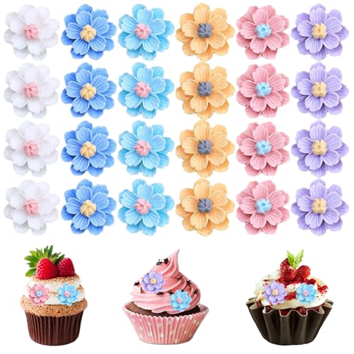 24pcs Blumencupcake Topper, farbenfrohe Harz Blumenform Cupcake Toppers für Dekorationszubehör, zum Geburtstag von Kindern, Themenparty, Hochzeit von Ligeinsrk