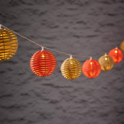 Lights4fun 10er LED Solar Lichterkette Rattan Design Orange Beige für außen warmweiß Gartenleuchten Solarlampen Solarleuchten Beleuchtung Kugel wetterfest Garten Balkon Terrasse Bunt von Lights4fun