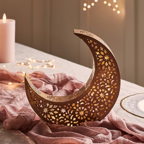 Lights4fun 25cm LED Mond Tischlampe Gold Timer batteriebetrieben Innenbereich Ramadan Tischdeko Ramadan Deko von Lights4fun