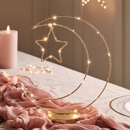 Lights4fun 25cm LED Mond und Stern Tischlampe Gold Timer batteriebetrieben Innenbereich Ramadan Tischdeko Ramadan Deko von Lights4fun