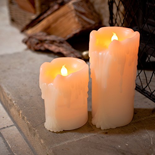 Lights4fun 2er Set LED Echtwachs Kerzen mit Wachstropfen Timer Batteriebetrieben Deko Wohnzimmer flackernde Flamme Stumpenkerzen Elektrisch mit Timerfunktion von Lights4fun