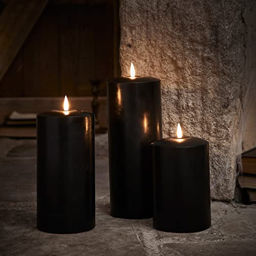 Lights4fun 3er Set LED TruGlow® Kerzen Schwarz Breit Timer Batteriebetrieben Innen Halloween Deko von Lights4fun