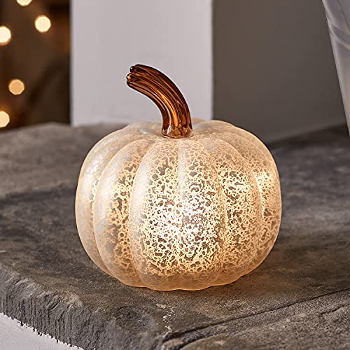 Lights4fun LED Kürbis Weiß Glas 12cm Batteriebetrieb Timer LED Glas Kürbis Herbstdeko Weiß Halloween Deko Kürbis Herbstdeko Kürbis Herbstdeko Innen Herbstdeko Modern von Lights4fun