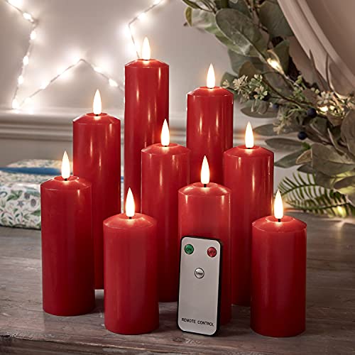Lights4fun TruGlow® 9er Set Rote Echtwachs LED Kerzen mit Fernbedienung und Timer batteriebetrieben von Lights4fun