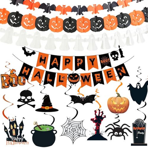 Ligtmor Halloween Deko Set - Happy Halloween Dekoration Girlande, Kürbisse und Spinnen Wimpelgirlande, Grusel Girlande, Gruselige Innendekorationen von Ligtmor