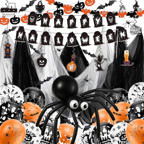 Ligtmor Halloween Deko Set Fledermaus Deko, Luftballons Set, Halloween Banner und Spinnennetz, Horror Deko, Hochwertige Materialien, Geeignet für Den Innen- und Außenbereich von Ligtmor