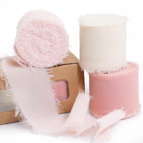 Ligtmor chiffonband 3,8 cm x 19,2 m Handbuch Schleifenband Geschenkband silk ribbon organzaband Stoffband Hochzeit Seidenband - Rosa-Kombination von Ligtmor