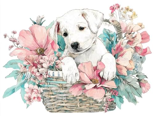 5D DIY Hund Blumenkorb Diamond Painting Quadratische Steine, Diamant Malerei Bilder Erwachsene, Kinder, Anfänger, Mosaik Bastelset, Cross Stickerei Set, für Wanddekoration, Haus Dekor 20x30cm C-273 von Liguolnn