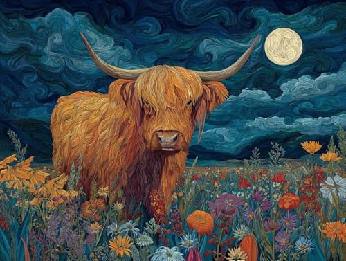 Liguolnn Highland Kuh Sternenhimmel Diamond Painting Quadratische Steine, 5D Diamond Kunst Komplett Set DIY Gem Kunsthandwerk für Erwachsene Anfänger, Mosaikherstellung Home Wall Decor 50x70cm D-260 von Liguolnn