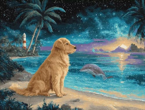 Liguolnn Hund Leuchtturm Diamond Painting Quadratische Steine, 5D Diamond Kunst Komplett Set DIY Gem Kunsthandwerk für Erwachsene Anfänger, Mosaikherstellung Kristall Home Wall Decor 50x70cm D-266 von Liguolnn