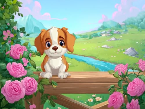 Liguolnn Hund Peonien Diamond Painting Quadratische Steine, 5D Diamond Kunst Komplett Set DIY Gem Kunsthandwerk für Erwachsene Anfänger, Mosaikherstellung Bilder Kristall Home Wall Decor 50x70cm D-276 von Liguolnn