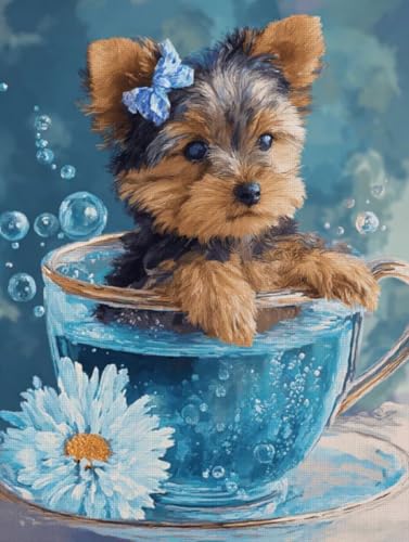Liguolnn Tiere Tee Tasse Hund Diamond Painting Quadratische Steine, 5D Diamond Kunst Komplett Set DIY Gem Kunsthandwerk für Erwachsene Anfänger, Mosaikherstellung Kristall Home Wall Decor 50x70cm D166 von Liguolnn