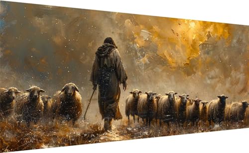 Diamond Painting Jesus hütet die Schafe, 5D Retro Diamant Painting Bilder Erwachsene, DIY Vollbohrer Cross Stickerei Diamant Kunst Malerei, Diamond Painting Groß XXL für Zimmer Wanddeko 150x70cm N_1 von Lihogbo