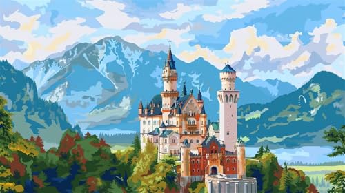 Malen Nach Zahlen, Malen Nach Zahlen Schloss Neuschwanstein Paint by Numbers, DIY Landschaft mit Pinseln und Acrylfarben Handgemalt Ölgemälde Leinwand für Geschenke, Wanddeko, Ohne Rahmen (70x40cm) von Lihogbo