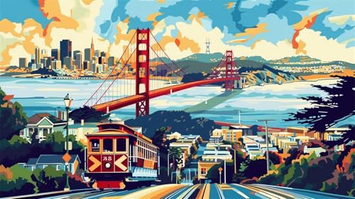 Malen nach Zahlen Erwachsene San Francisco, DIY Set Erwachsene Malen nach Zahlen Landschaft, 70x40cm DIY Handgemalt Ölgemälde Kit für Anfänger Erwachsene mit 3-Pinseln&Acrylfarbe, Geschenk für Freunde von Lihogbo