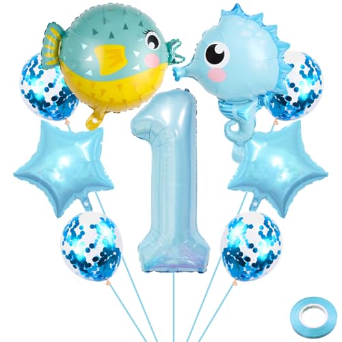 Liitata 1. Seahorse Geburtstags Party Deko Kugelfische Geburtstag Luftballon Set Hellblau Zahl 1 Folienballon Sea Creatures Luftballon für Junge Geburtstag Party Deko von Liitata
