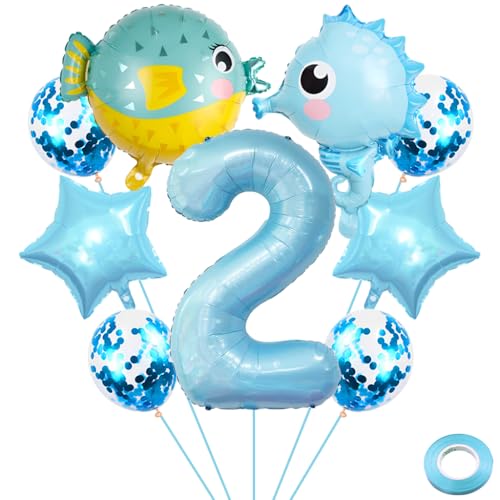 Liitata 2. Seahorse Geburtstags Party Deko Kugelfische Geburtstag Luftballon Set Hellblau Zahl 2 Folienballon Sea Creatures Luftballon für Junge Geburtstag Party Deko von Liitata