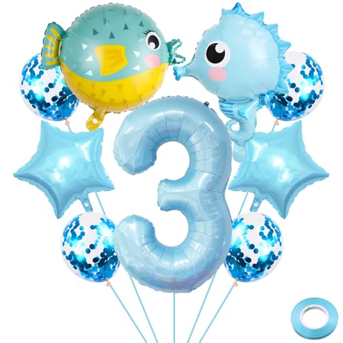 Liitata 3. Seahorse Geburtstags Party Deko Kugelfische Geburtstag Luftballon Set Hellblau Zahl 3 Folienballon Sea Creatures Luftballon für Junge Geburtstag Party Deko von Liitata