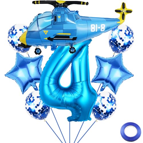 Liitata 4. Hubschrauber Geburtstags Party Deko Aeroplane Geburtstag Luftballon Set Blau Zahl 4 Folienballon Großes Hubschrauber Luftballon für Junge Geburtstag Party Deko von Liitata