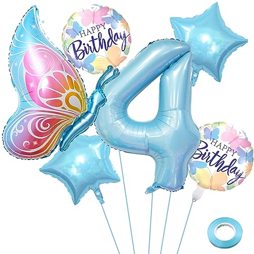 Liitata 4. Schmetterling Geburtstagsdeko Schmetterling Luftballon Set Blau Zahl 4 Folienballon Fliegender Schmetterling Luftballon Happy Birthday Butterfly Ballon für Mädchen Geburtstag Party von Liitata