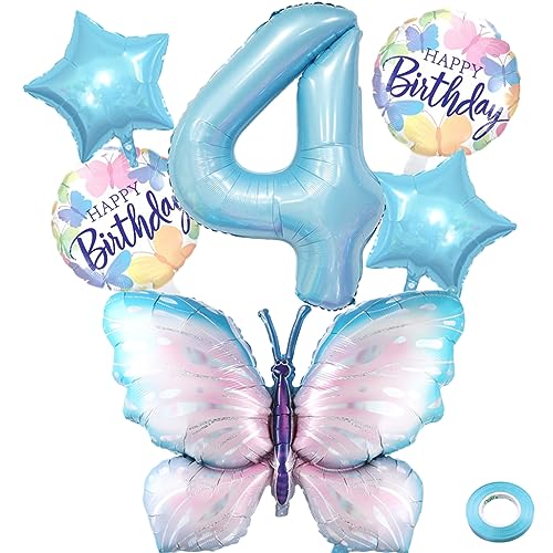 Liitata 4. Schmetterling Geburtstagsdeko Schmetterling Luftballon Set Blau Zahl 4 Folienballon Große Bunte Schmetterling Luftballon Happy Birthday Butterfly Ballon für Mädchen Geburtstag Party von Liitata