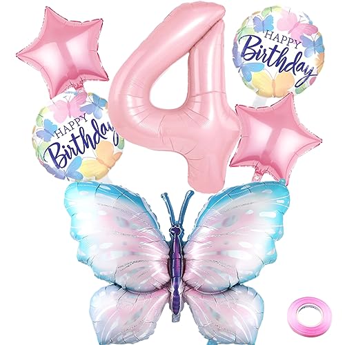 Liitata 4. Schmetterling Geburtstagsdeko Schmetterling Luftballon Set Rosa Zahl 4 Folienballon Große Bunte Schmetterling Luftballon Happy Birthday Butterfly Ballon für Mädchen Geburtstag Party von Liitata