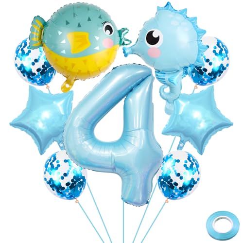 Liitata 4. Seahorse Geburtstags Party Deko Kugelfische Geburtstag Luftballon Set Hellblau Zahl 4 Folienballon Sea Creatures Luftballon für Junge Geburtstag Party Deko von Liitata