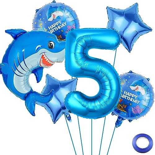 Liitata 5. Hai Geburtstagsparty Deko Hai Geburtstag Luftballon Set Blau Zahl 5 Folienballon Großes Hai Luftballon für Junge Geburtstag Party Motto Party Deko von Liitata