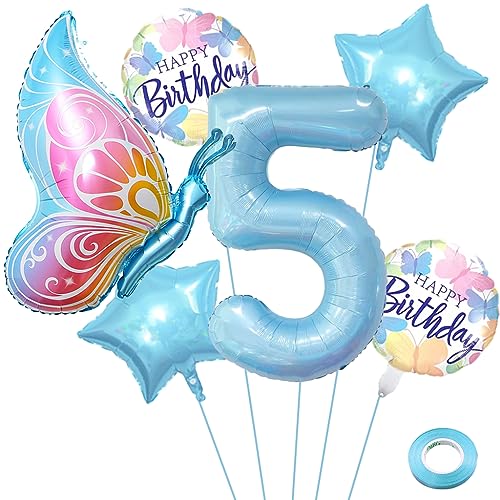 Liitata 5. Schmetterling Geburtstagsdeko Schmetterling Luftballon Set Blau Zahl 5 Folienballon Fliegender Schmetterling Luftballon Happy Birthday Butterfly Ballon für Mädchen Geburtstag Party von Liitata