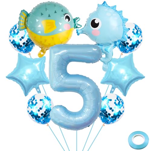 Liitata 5. Seahorse Geburtstags Party Deko Kugelfische Geburtstag Luftballon Set Hellblau Zahl 5 Folienballon Sea Creatures Luftballon für Junge Geburtstag Party Deko von Liitata