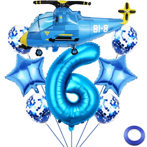 Liitata 6. Hubschrauber Geburtstags Party Deko Aeroplane Geburtstag Luftballon Set Blau Zahl 6 Folienballon Großes Hubschrauber Luftballon für Junge Geburtstag Party Deko von Liitata