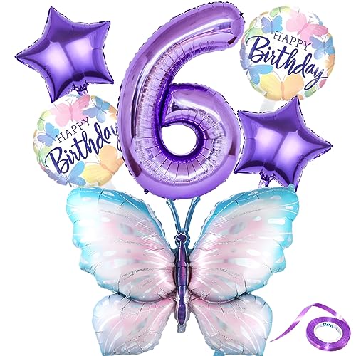 Liitata 6. Schmetterling Geburtstagsdeko Schmetterling Luftballon Set Lila Zahl 6 Folienballon Große Bunte Schmetterling Luftballon Happy Birthday Butterfly Ballon für Mädchen Geburtstag Party von Liitata