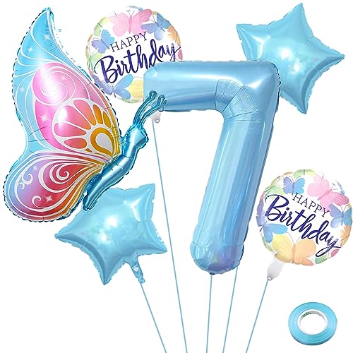 Liitata 7. Schmetterling Geburtstagsdeko Schmetterling Luftballon Set Blau Zahl 7 Folienballon Fliegender Schmetterling Luftballon Happy Birthday Butterfly Ballon für Mädchen Geburtstag Party von Liitata